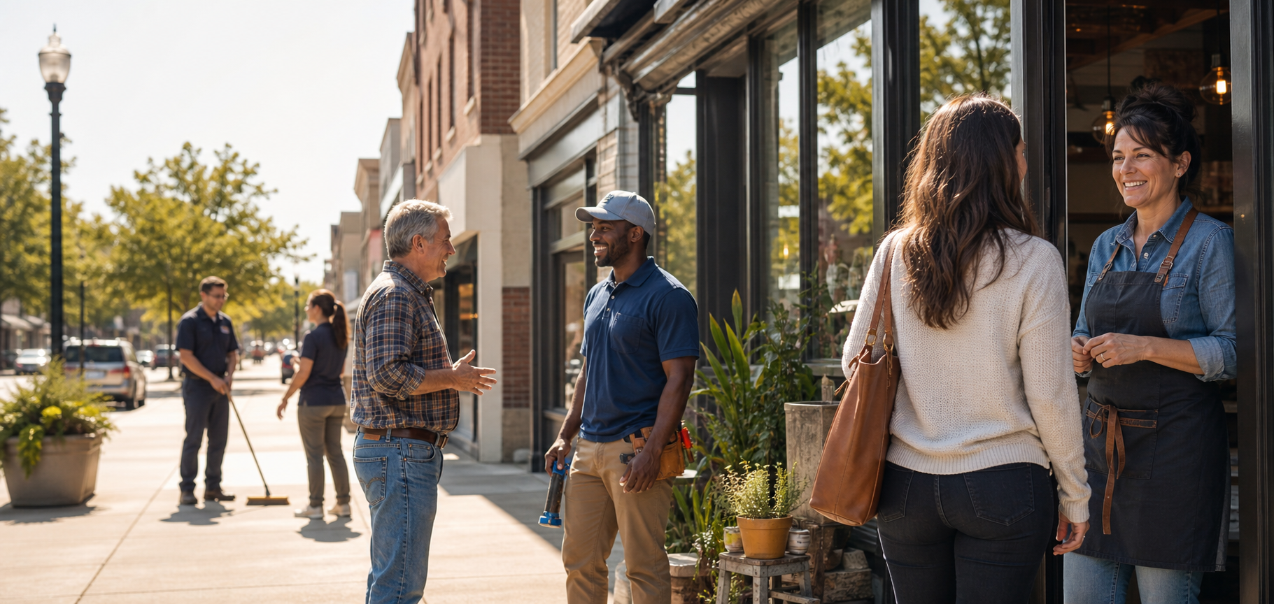 Local business owners and customers in a friendly downtown setting